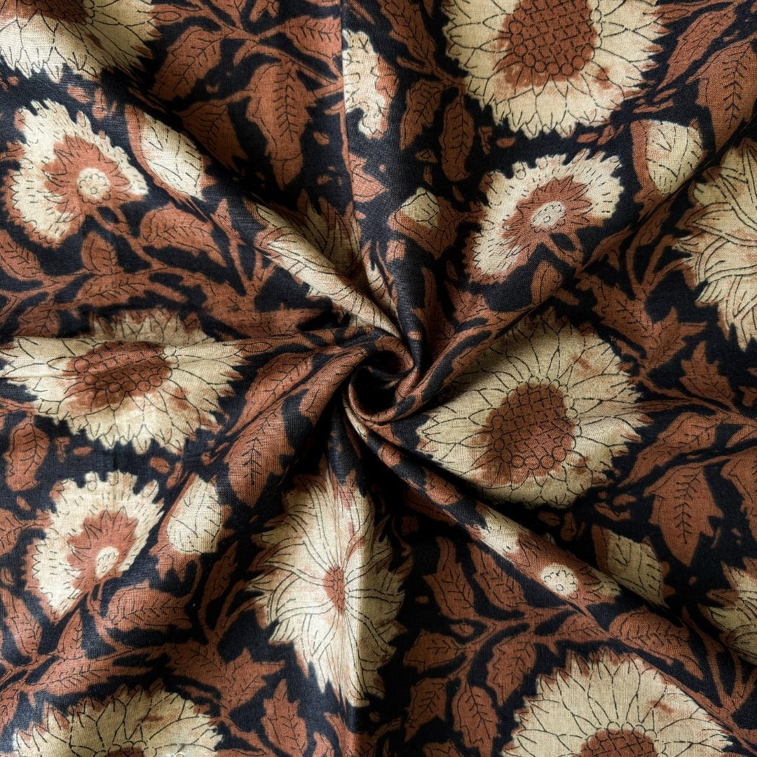 Hand Block Printed Cotton Fabric Fabric Black & Brown Sunflower Garden Hand Block Printed Pure Cotton Fabric (Width 42 Inches)