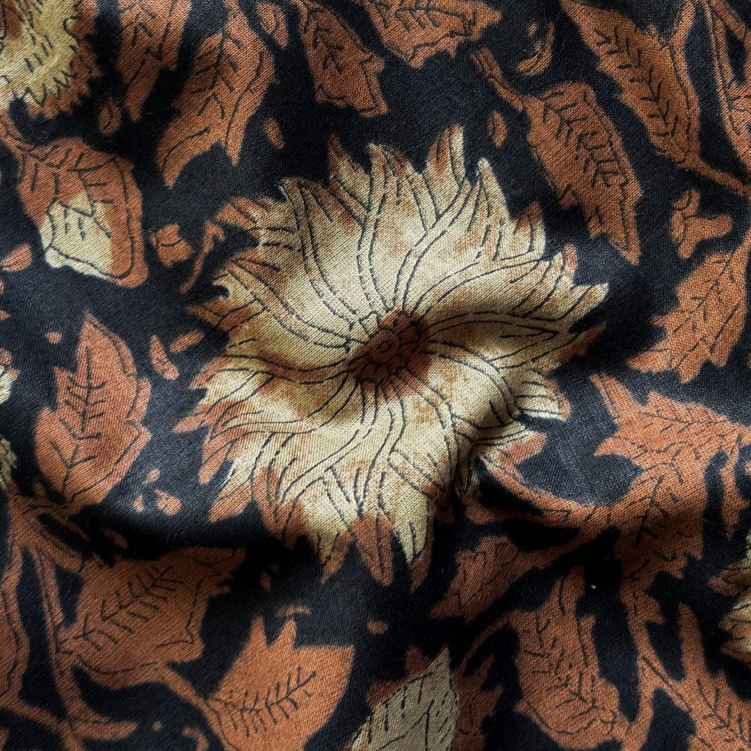 Hand Block Printed Cotton Fabric Fabric Black & Brown Sunflower Garden Hand Block Printed Pure Cotton Fabric (Width 42 Inches)