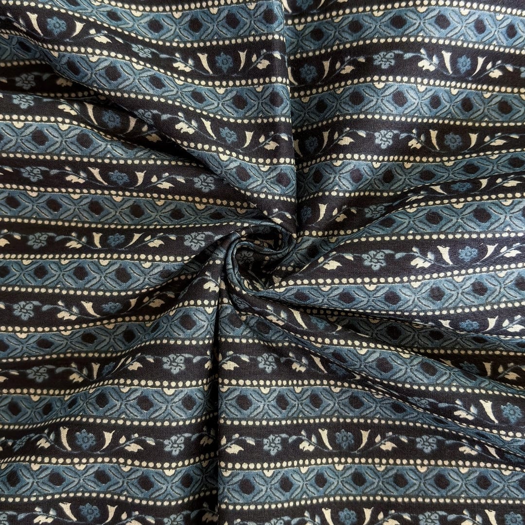 Hand Block Printed Cotton Fabric Fabric Black & Dusty Blue Traditional Stripes Hand Block Printed Pure Cotton Fabric (Width 42 Inches)