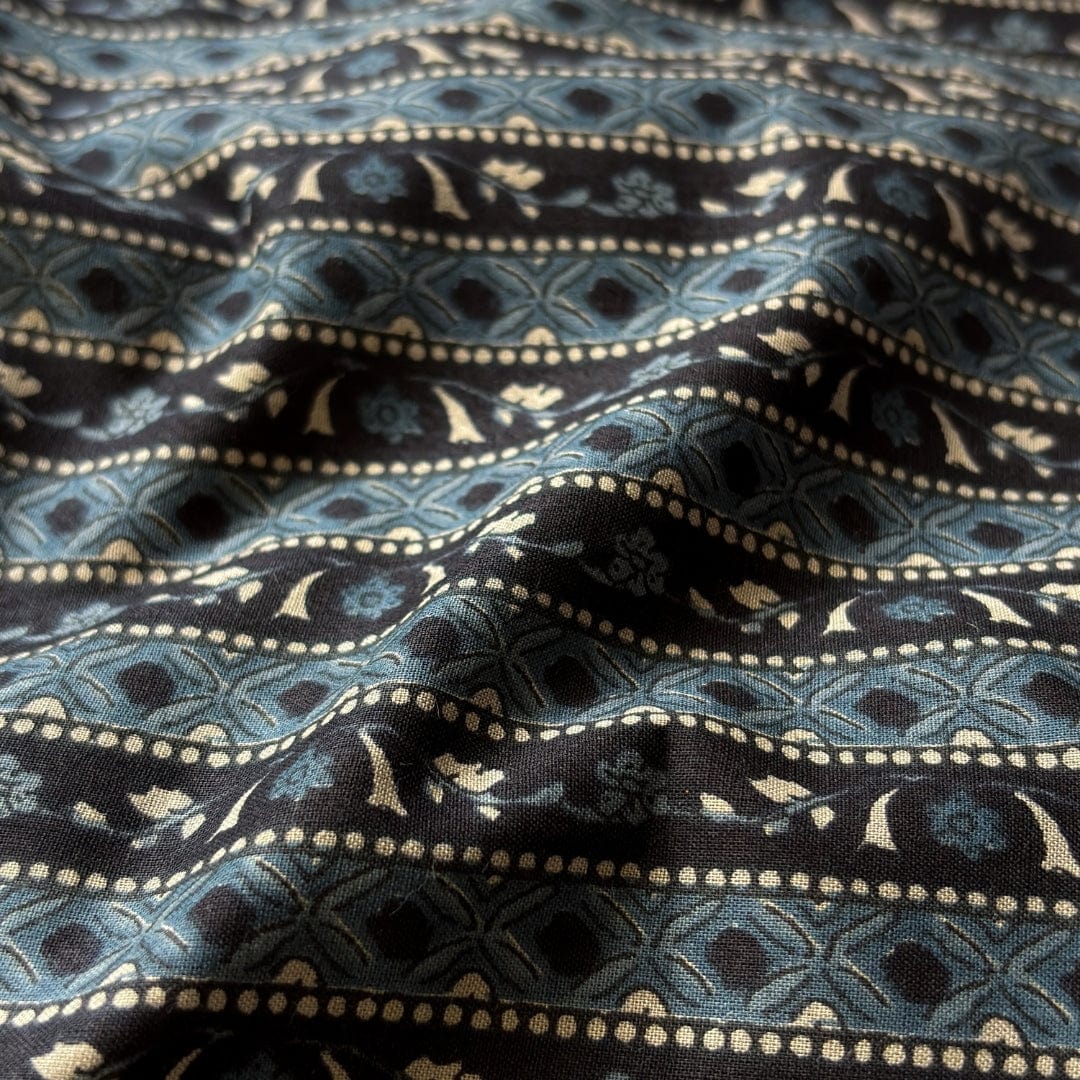 Hand Block Printed Cotton Fabric Fabric Black & Dusty Blue Traditional Stripes Hand Block Printed Pure Cotton Fabric (Width 42 Inches)