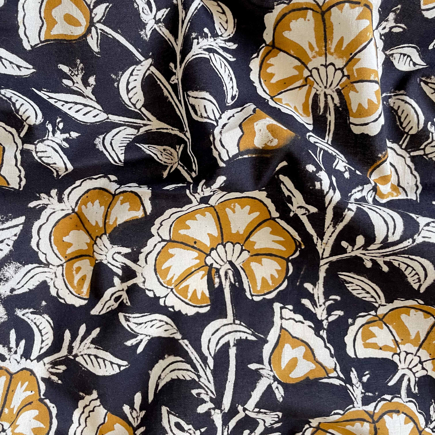 Hand Block Printed Cotton Fabric Fabric Black & Mustard Yellow Abstract Floral Garden Ajrakh Natural Dyed Hand Block Printed Pure Cotton Fabric (Width 42 Inches)