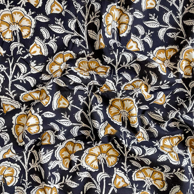 Hand Block Printed Cotton Fabric Fabric Black & Mustard Yellow Abstract Floral Garden Ajrakh Natural Dyed Hand Block Printed Pure Cotton Fabric (Width 42 Inches)