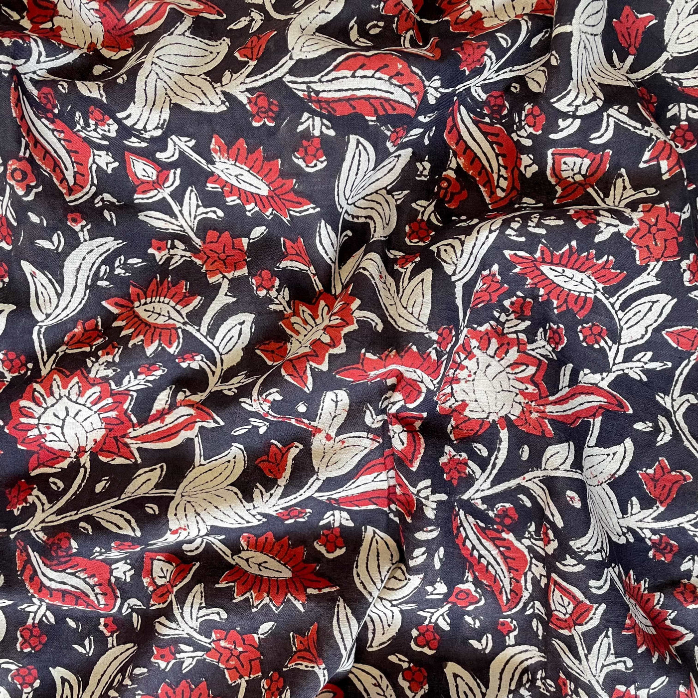 Hand Block Printed Cotton Fabric Fabric Black & Red Abstract Floral Ajrakh Natural Dyed Hand Block Printed Pure Cotton Fabric (Width 42 Inches)