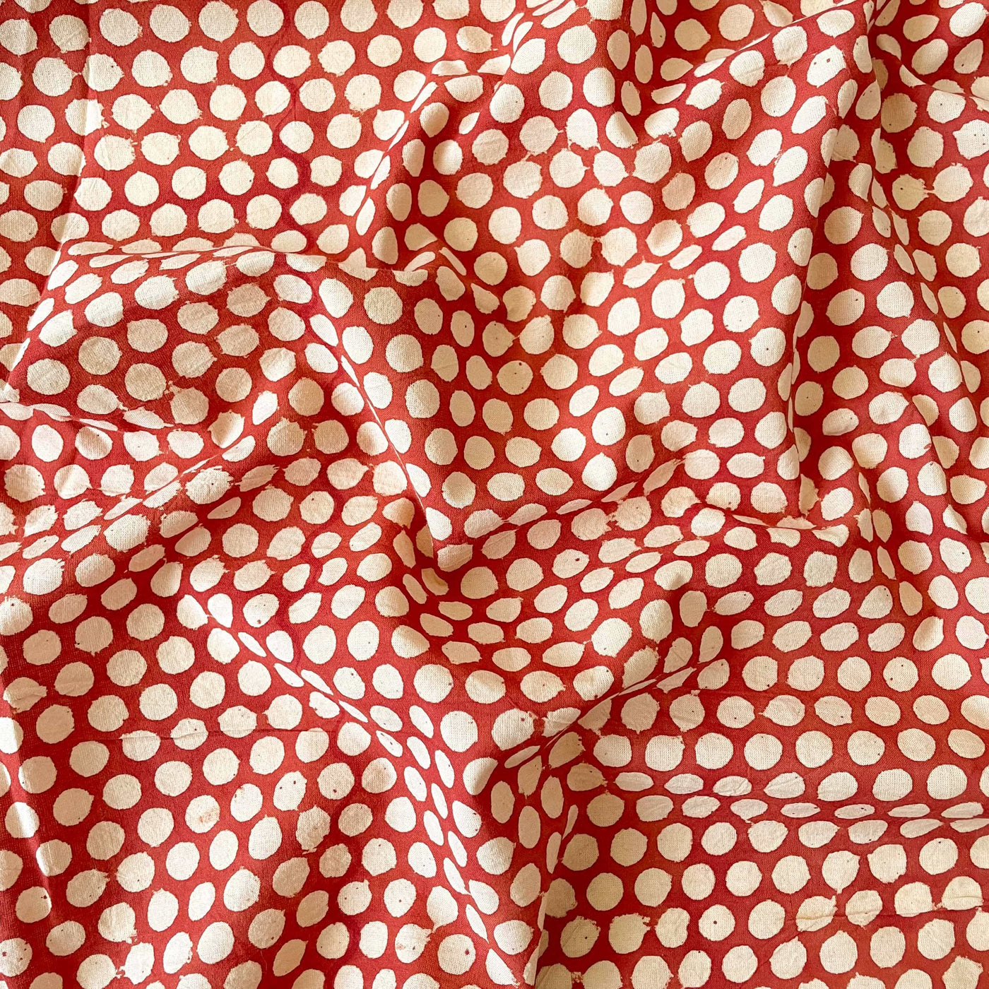 Hand Block Printed Cotton Fabric Fabric Brick Red & Beige Polkas Ajrakh Natural Dyed Hand Block Printed Pure Cotton Fabric (Width 42 Inches)