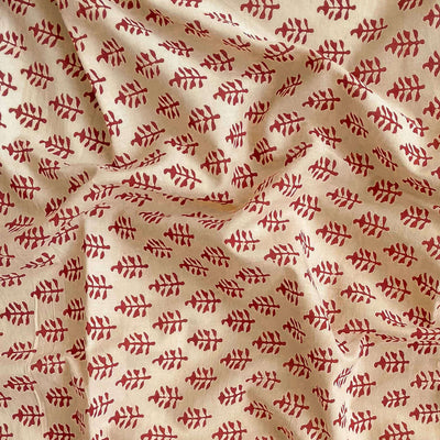 Hand Block Printed Cotton Fabric Fabric Cream & Red Traditional Mini Floral Hand Block Printed Pure Cotton Linen Fabric (Width 42 Inches)