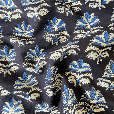 Hand Block Printed Cotton Fabric Fabric Deep Black & Blue Abstract Floral Ajrakh Natural Dyed Hand Block Printed Pure Cotton Fabric (Width 42 Inches)