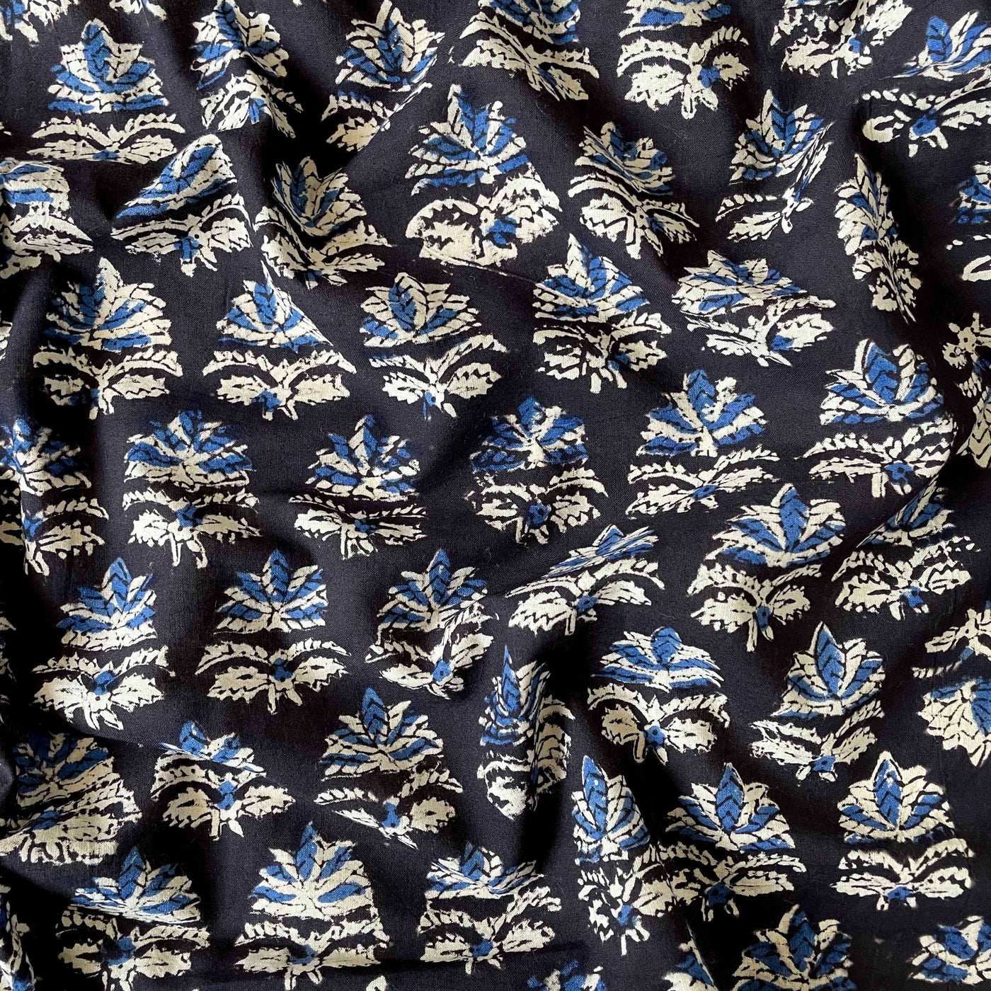 Hand Block Printed Cotton Fabric Fabric Deep Black & Blue Abstract Floral Ajrakh Natural Dyed Hand Block Printed Pure Cotton Fabric (Width 42 Inches)