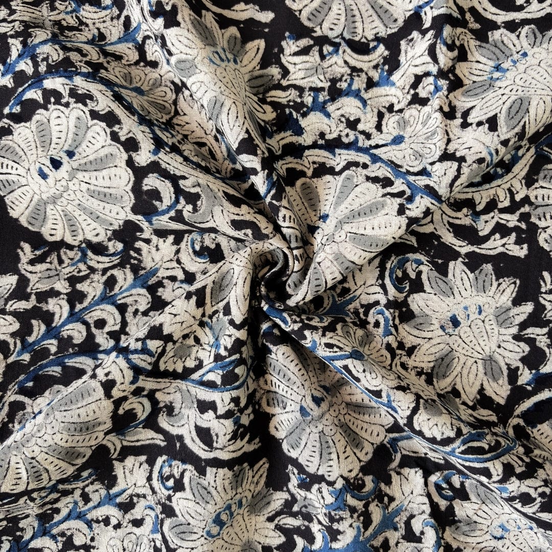 Hand Block Printed Cotton Fabric Fabric Deep Black & Blue Egyptian Floral Pure Ajrakh Hand Block Printed Pure Cotton Fabric (Width 42 Inches)