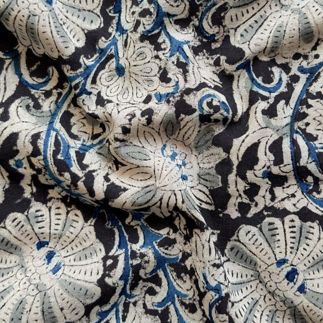 Hand Block Printed Cotton Fabric Fabric Deep Black & Blue Egyptian Floral Pure Ajrakh Hand Block Printed Pure Cotton Fabric (Width 42 Inches)