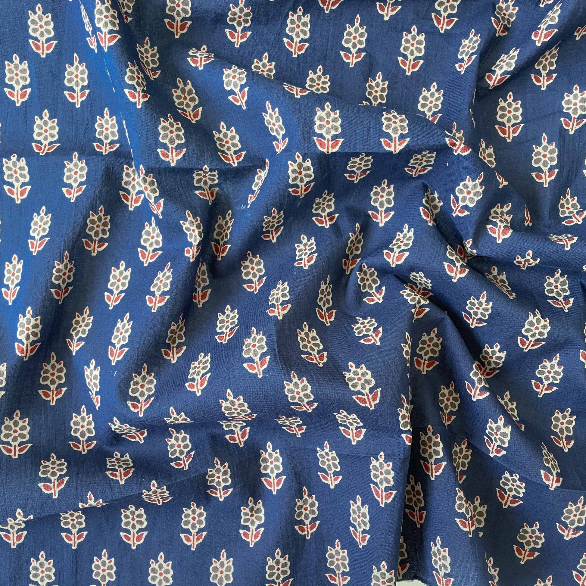 Hand Block Printed Cotton Fabric Fabric Deep Blue & Red Mini Daisies Hand Block Printed Pure Cotton Fabric (Width 42 Inches)