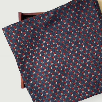 Hand Block Printed Cotton Fabric Fabric Dusty Blue & Red Mini TulipsHand Block Printed Pure Cotton Fabric (Width 42 Inches)