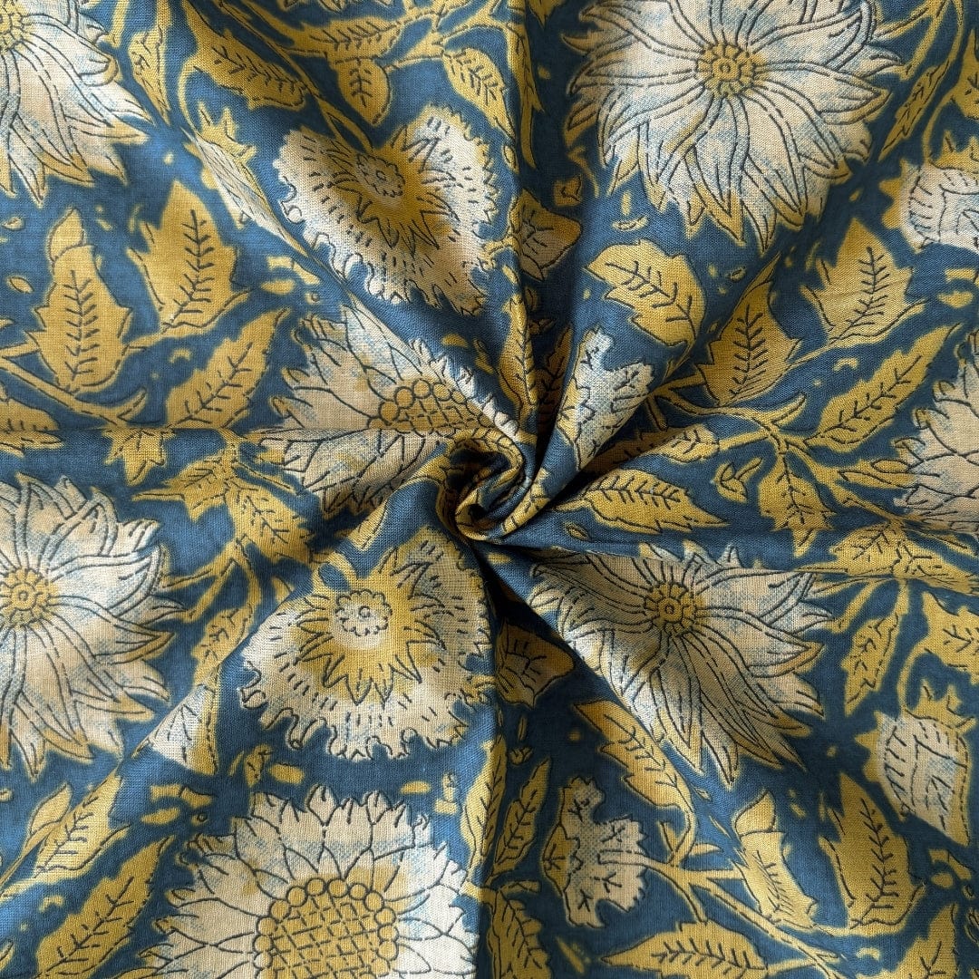 Hand Block Printed Cotton Fabric Fabric Dusty Blue & Yellow Sunflower Garden Hand Block Printed Pure Cotton Fabric (Width 42 Inches)