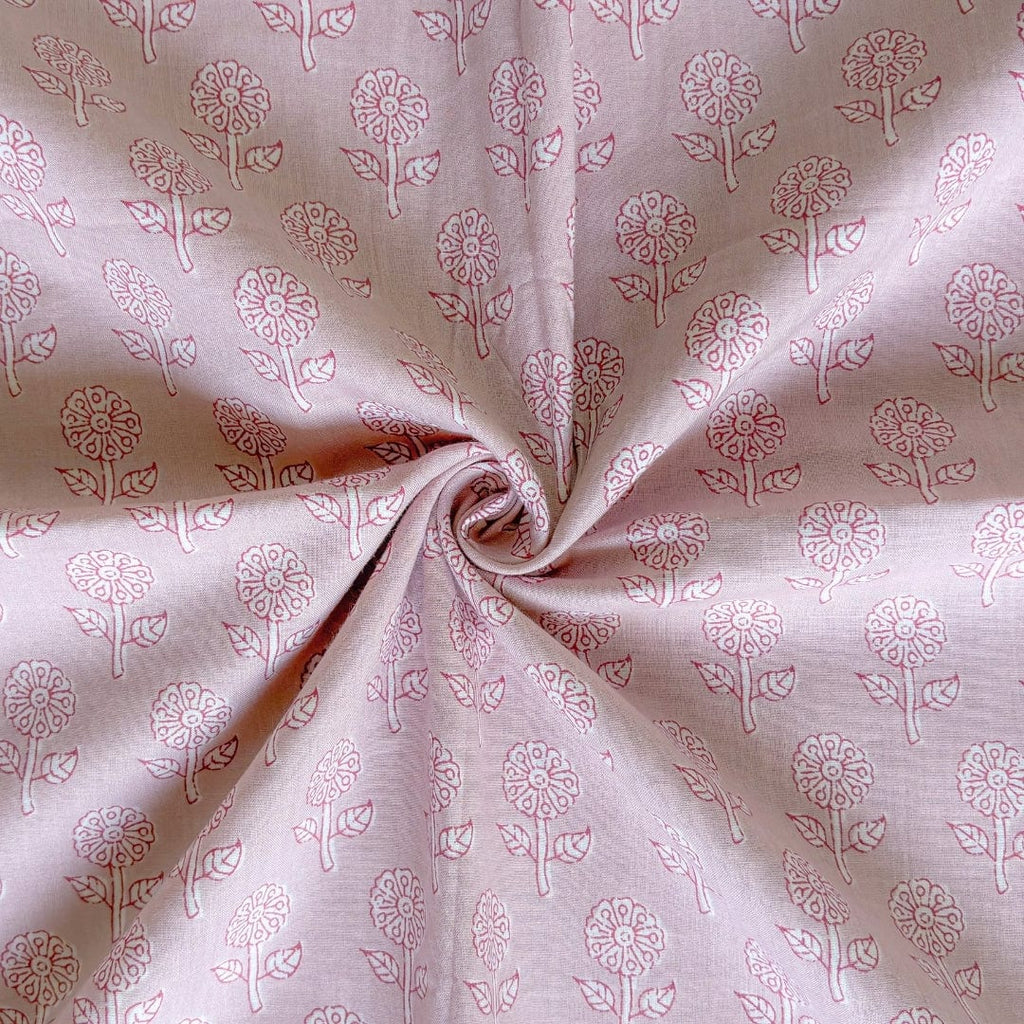 Hand Block Printed Cotton Fabric Fabric Dusty Lilac Abstract Sunflower Hand Block Printed Pure Cotton Fabric (Width 42 Inches)