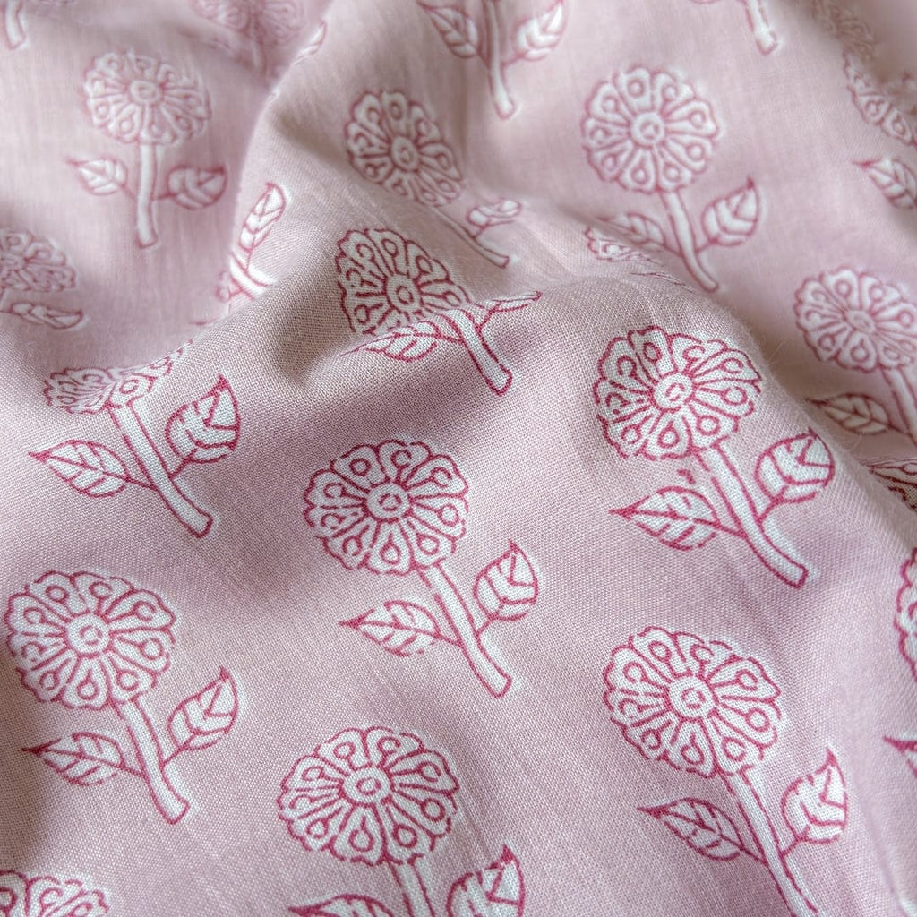 Hand Block Printed Cotton Fabric Fabric Dusty Lilac Abstract Sunflower Hand Block Printed Pure Cotton Fabric (Width 42 Inches)