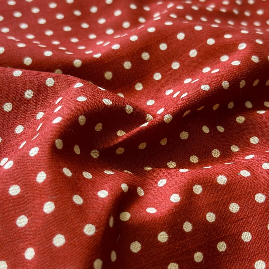Hand Block Printed Cotton Fabric Fabric Dusty Red & Cream Mini Polkas Hand Block Printed Pure Cotton Fabric (Width 42 Inches)