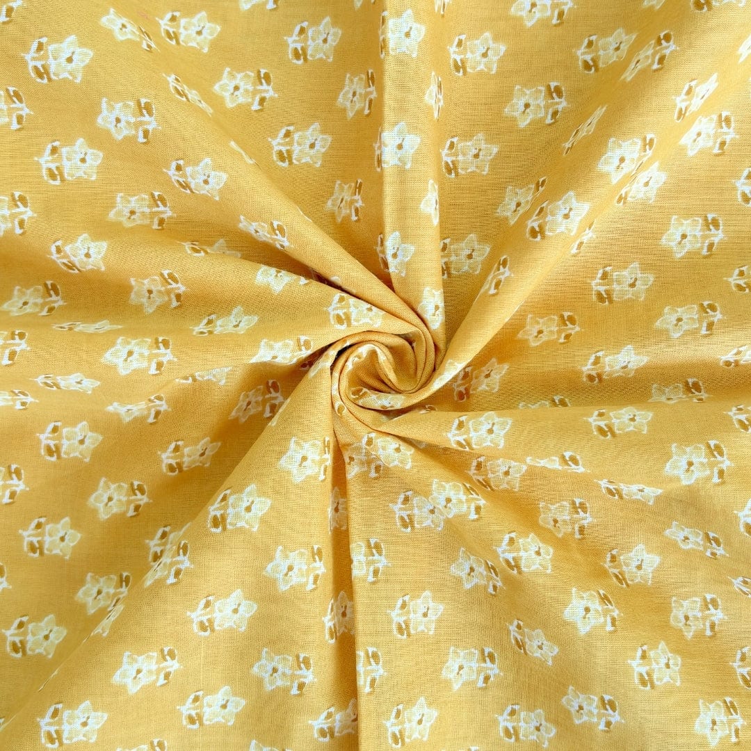 Hand Block Printed Cotton Fabric Fabric Dusty Yellow & White Daisy Hand Block Printed Pure Cotton Fabric (Width 42 Inches)