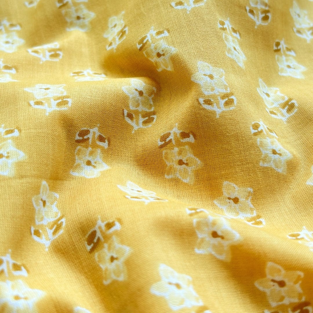Hand Block Printed Cotton Fabric Fabric Dusty Yellow & White Daisy Hand Block Printed Pure Cotton Fabric (Width 42 Inches)