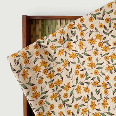 Hand Block Printed Cotton Fabric Fabric Fresh Yellow & Beige Garden of Daisies Hand Block Printed Pure Cotton Fabric (Width 42 Inches)