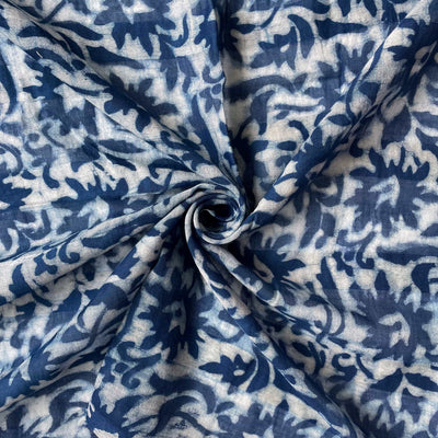 Hand Block Printed Cotton Fabric Fabric Indigo Dabu Natural Dyed Abstract Floral Hand Block Printed Pure Cotton Fabric (Width 42 Inches)