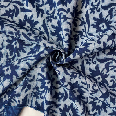 Hand Block Printed Cotton Fabric Fabric Indigo Dabu Natural Dyed Abstract Floral Hand Block Printed Pure Cotton Linen Fabric (Width 58 Inches)