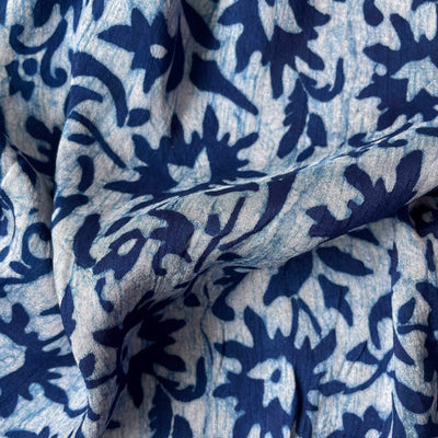 Hand Block Printed Cotton Fabric Fabric Indigo Dabu Natural Dyed Abstract Floral Hand Block Printed Pure Dola Silk Fabric (Width 46 Inches)