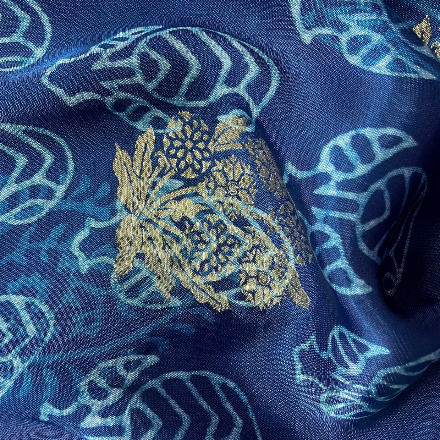 Hand Block Printed Cotton Fabric Fabric Indigo Dabu Natural Dyed Abstract Paisleys Hand Block & Foil Printed Pure Crepe Fabric (Width 49 Inches)