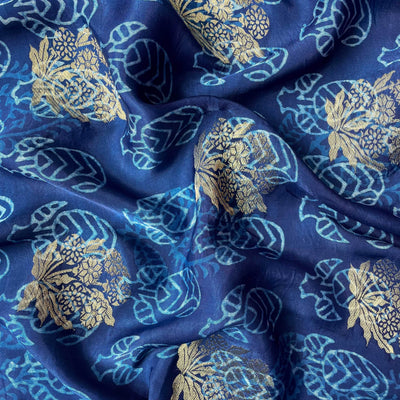Hand Block Printed Cotton Fabric Fabric Indigo Dabu Natural Dyed Abstract Paisleys Hand Block & Foil Printed Pure Crepe Fabric (Width 49 Inches)