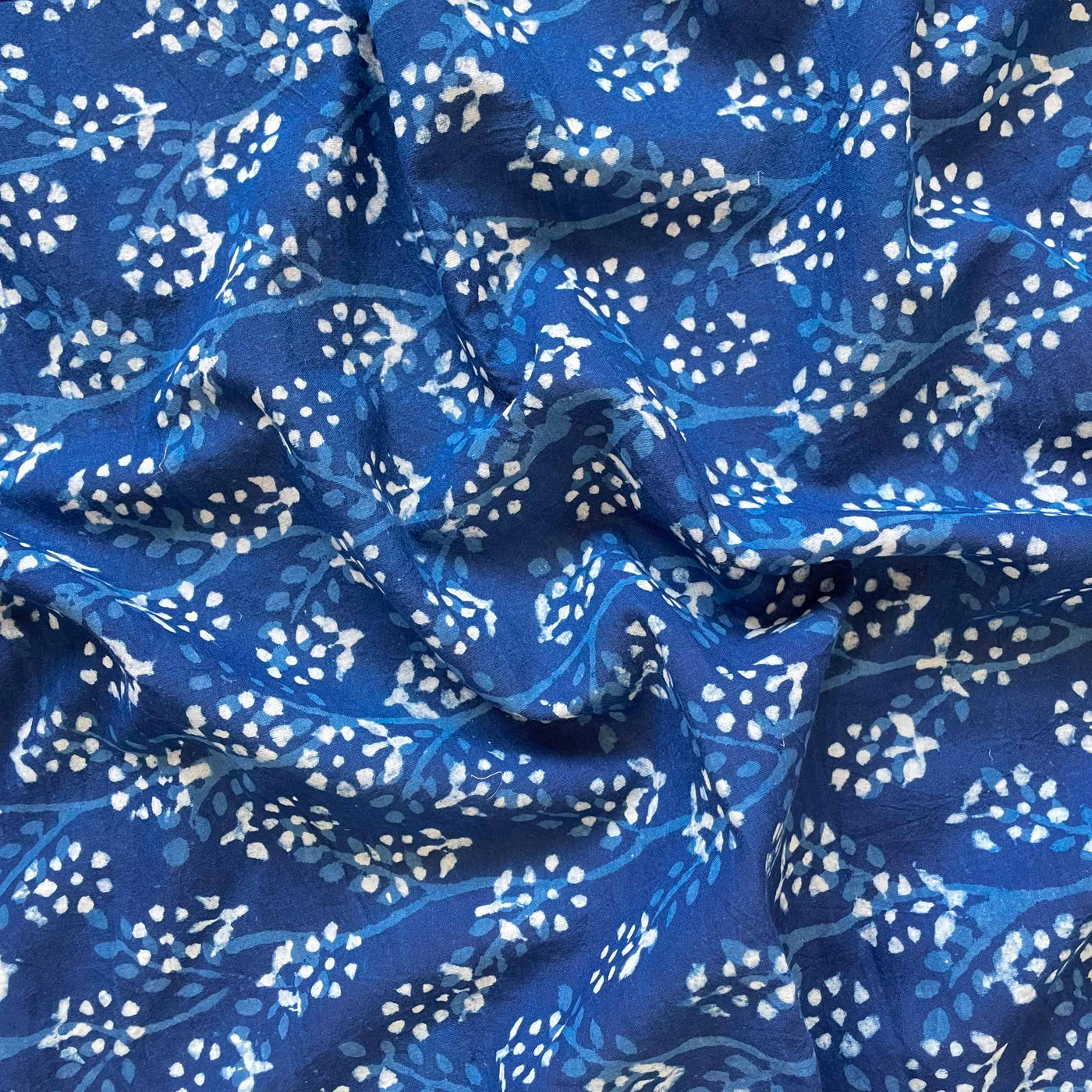 Hand Block Printed Cotton Fabric Fabric Indigo Dabu Natural Dyed Floral Hand Block Printed Pure Cotton Fabric (Width 42 Inches)