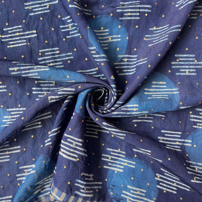 Hand Block Printed Cotton Fabric Fabric Indigo Dabu Natural Dyed Polkas & Stripes Hand Block Printed Woven Pure Cotton Fabric (Width 48 Inches)