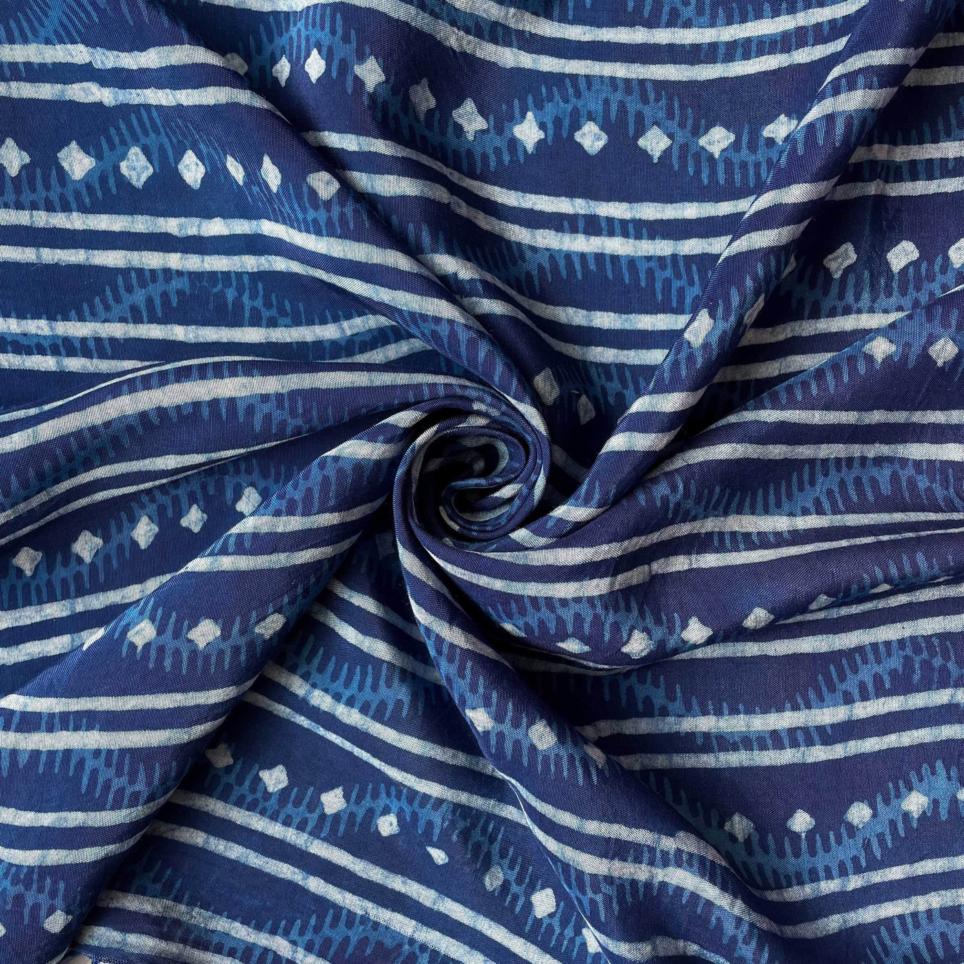 Hand Block Printed Cotton Fabric Fabric Indigo Dabu Natural Dyed Tribal Stripes Hand Block Printed Pure Crepe Fabric (Width 45 Inches)