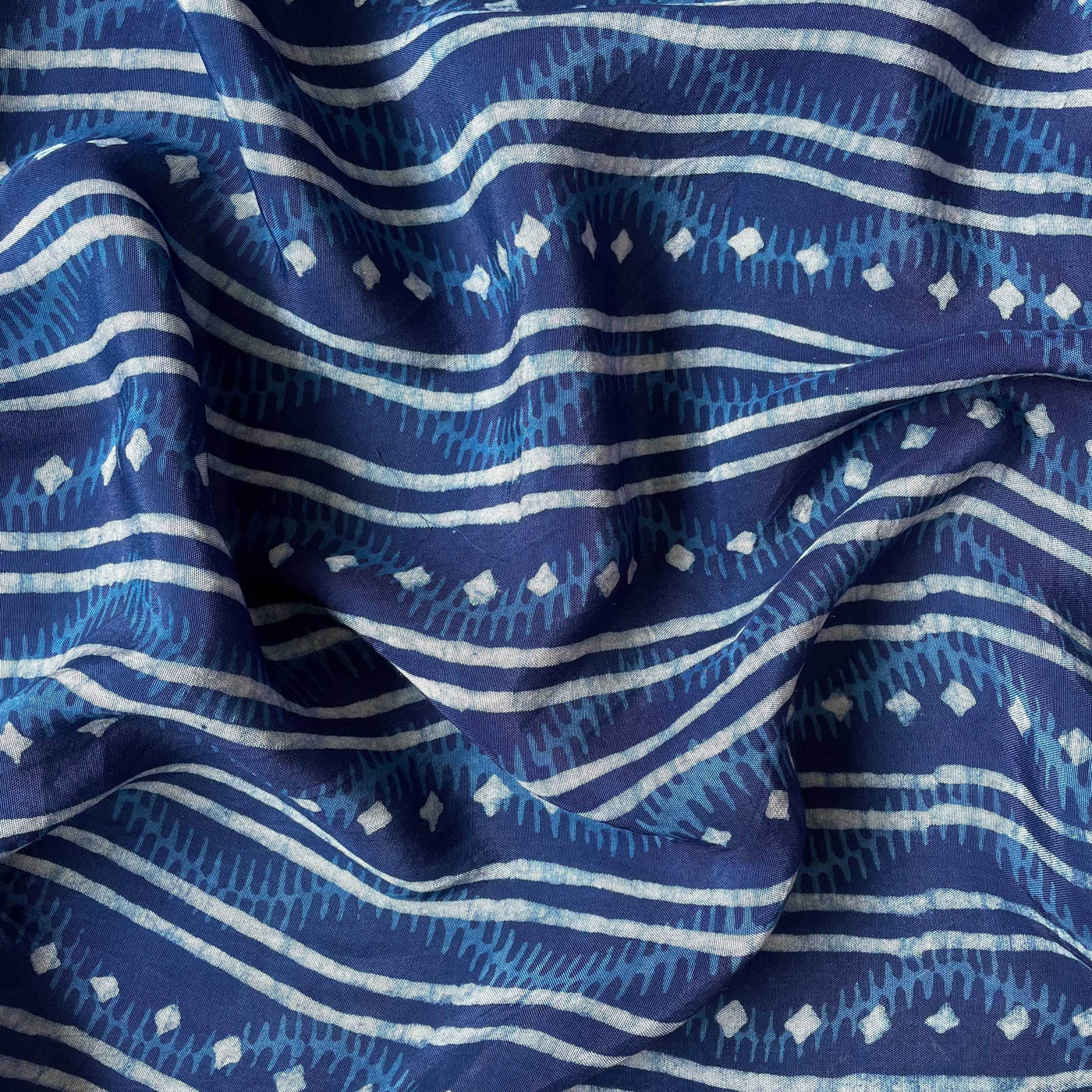 Hand Block Printed Cotton Fabric Fabric Indigo Dabu Natural Dyed Tribal Stripes Hand Block Printed Pure Crepe Fabric (Width 45 Inches)