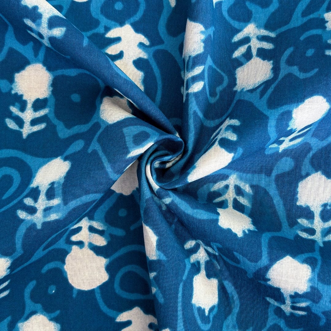 Hand Block Printed Cotton Fabric Fabric Indigo & White Abstract Floral Pure Indigo Dabu Hand Block Printed Pure Cotton Fabric (Width 42 Inches)