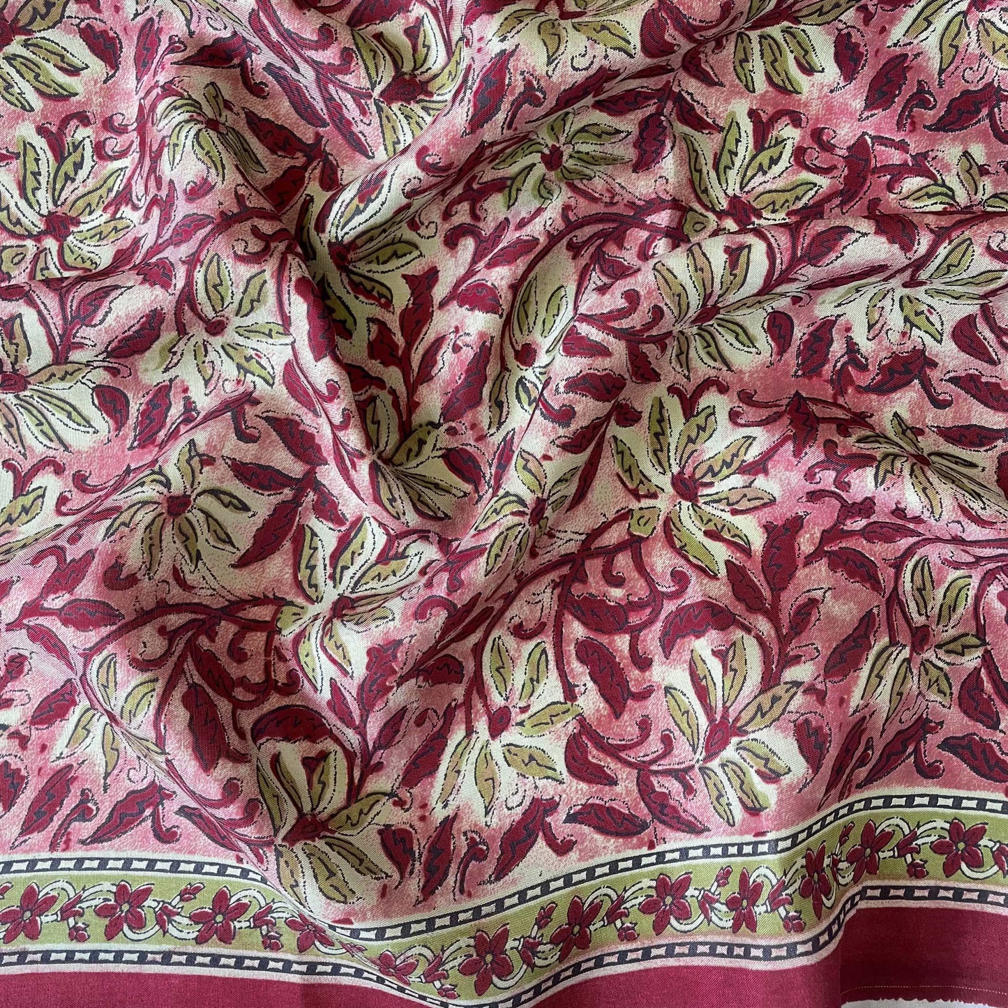 Hand Block Printed Cotton Fabric Fabric Magenta Red & Olive Vintage Flowers Hand Block Printed Modal Fabric (Width 42 Inches)