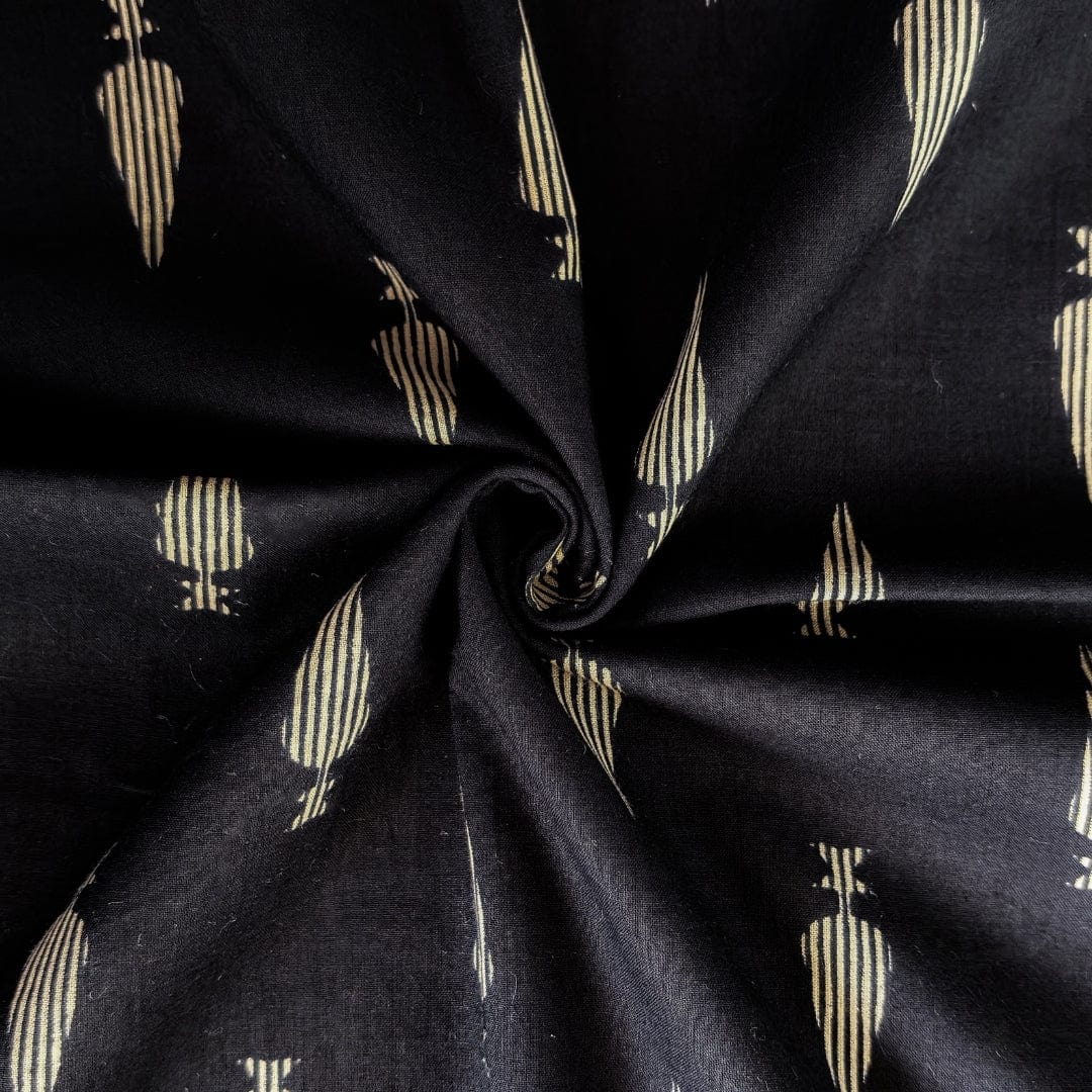 Hand Block Printed Cotton Fabric Fabric Midnight Black & Cream Jamdani Paan Hand Block Printed Pure Cotton Fabric (Width 42 Inches)