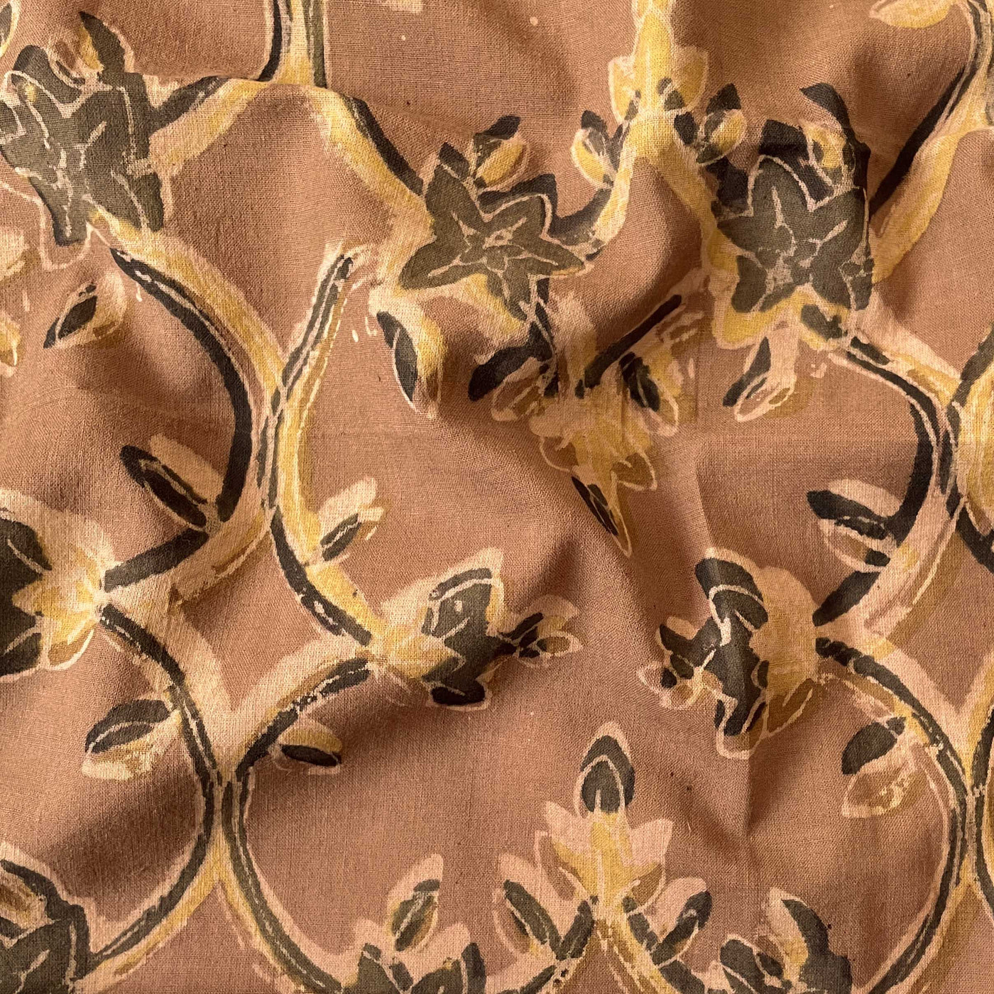 Hand Block Printed Cotton Fabric Fabric Mud Brown Mughal Floral Ajrakh Natural Dyed Hand Block Printed Pure Cotton Fabric (Width 42 Inches)