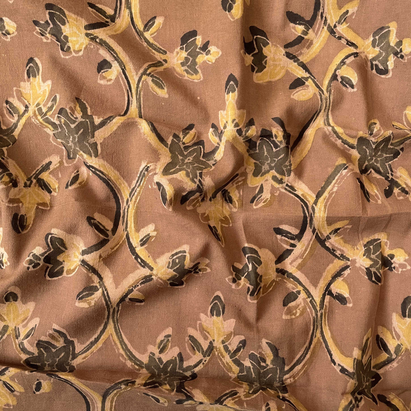 Hand Block Printed Cotton Fabric Fabric Mud Brown Mughal Floral Ajrakh Natural Dyed Hand Block Printed Pure Cotton Fabric (Width 42 Inches)