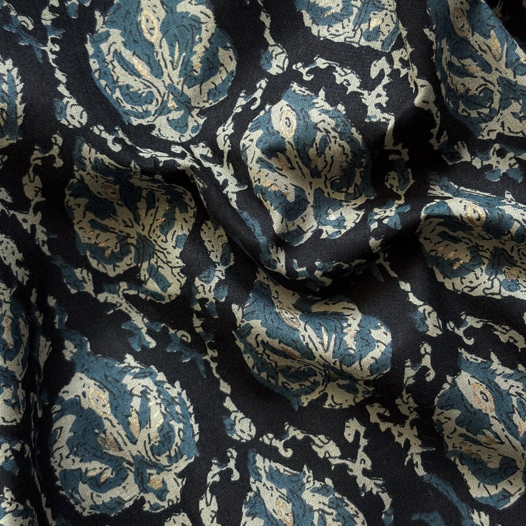 Hand Block Printed Cotton Fabric Fabric Natural Black & Grey Traditional Floral Pure Ajrakh Hand Block Printed Pure Cotton Fabric (Width 42 Inches)