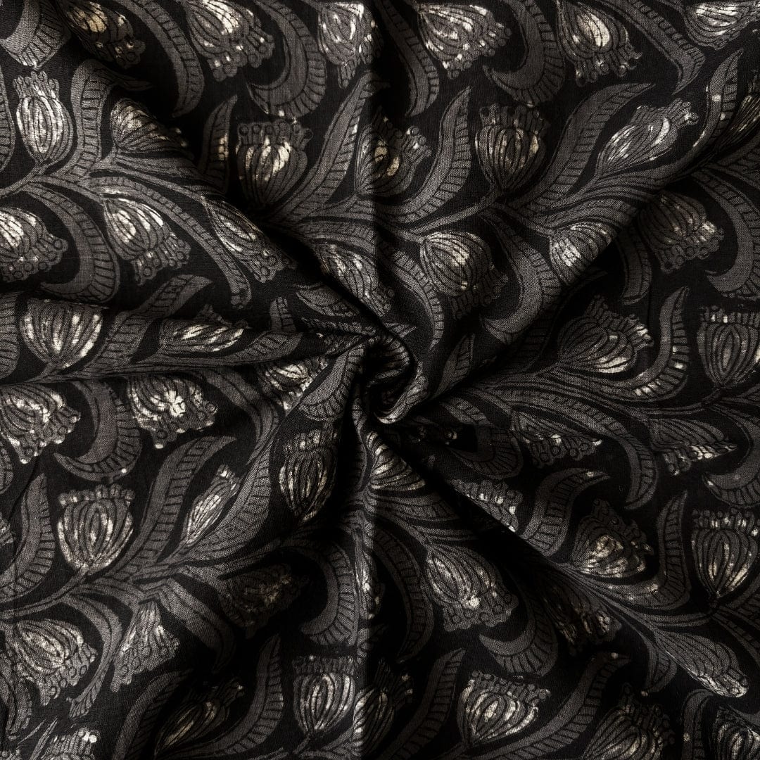 Hand Block Printed Cotton Fabric Fabric Natural Black & Grey Tulip Vines Pure Ajrakh Hand Block Printed Pure Cotton Fabric (Width 42 Inches)
