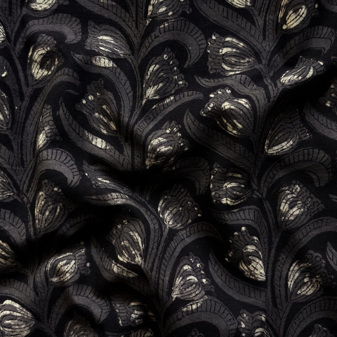 Hand Block Printed Cotton Fabric Fabric Natural Black & Grey Tulip Vines Pure Ajrakh Hand Block Printed Pure Cotton Fabric (Width 42 Inches)