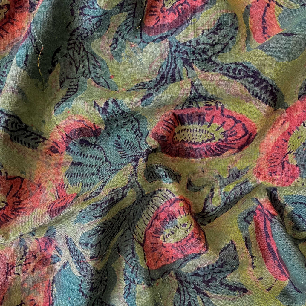 Hand Block Printed Cotton Fabric Fabric Olive Green Abstract Floral Ajrakh Natural Dyed Hand Block Printed Pure Cotton Fabric (Width 42 Inches)