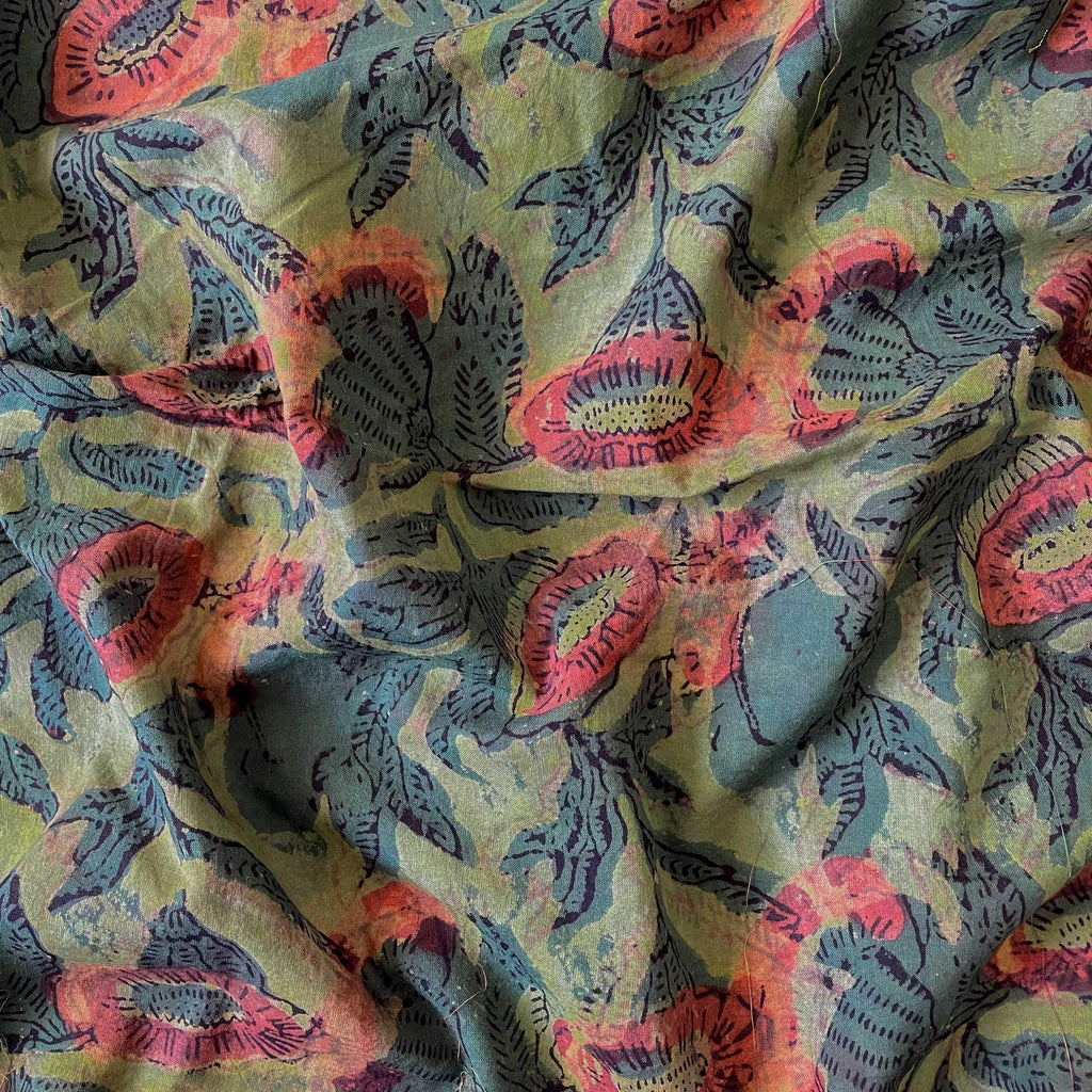 Hand Block Printed Cotton Fabric Fabric Olive Green Abstract Floral Ajrakh Natural Dyed Hand Block Printed Pure Cotton Fabric (Width 42 Inches)