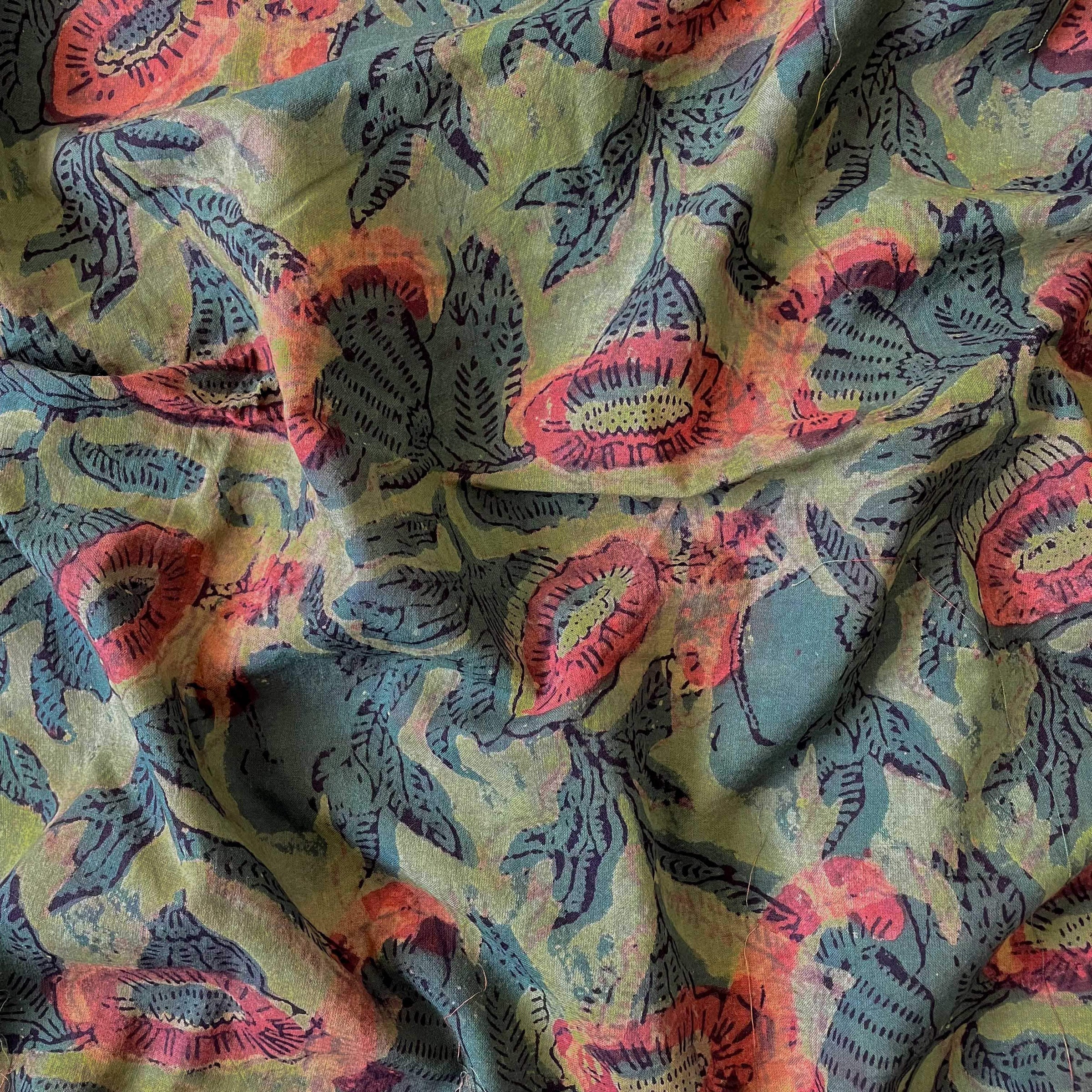 Hand Block Printed Cotton Fabric Fabric Olive Green Abstract Floral Ajrakh Natural Dyed Hand Block Printed Pure Cotton Fabric (Width 42 Inches)