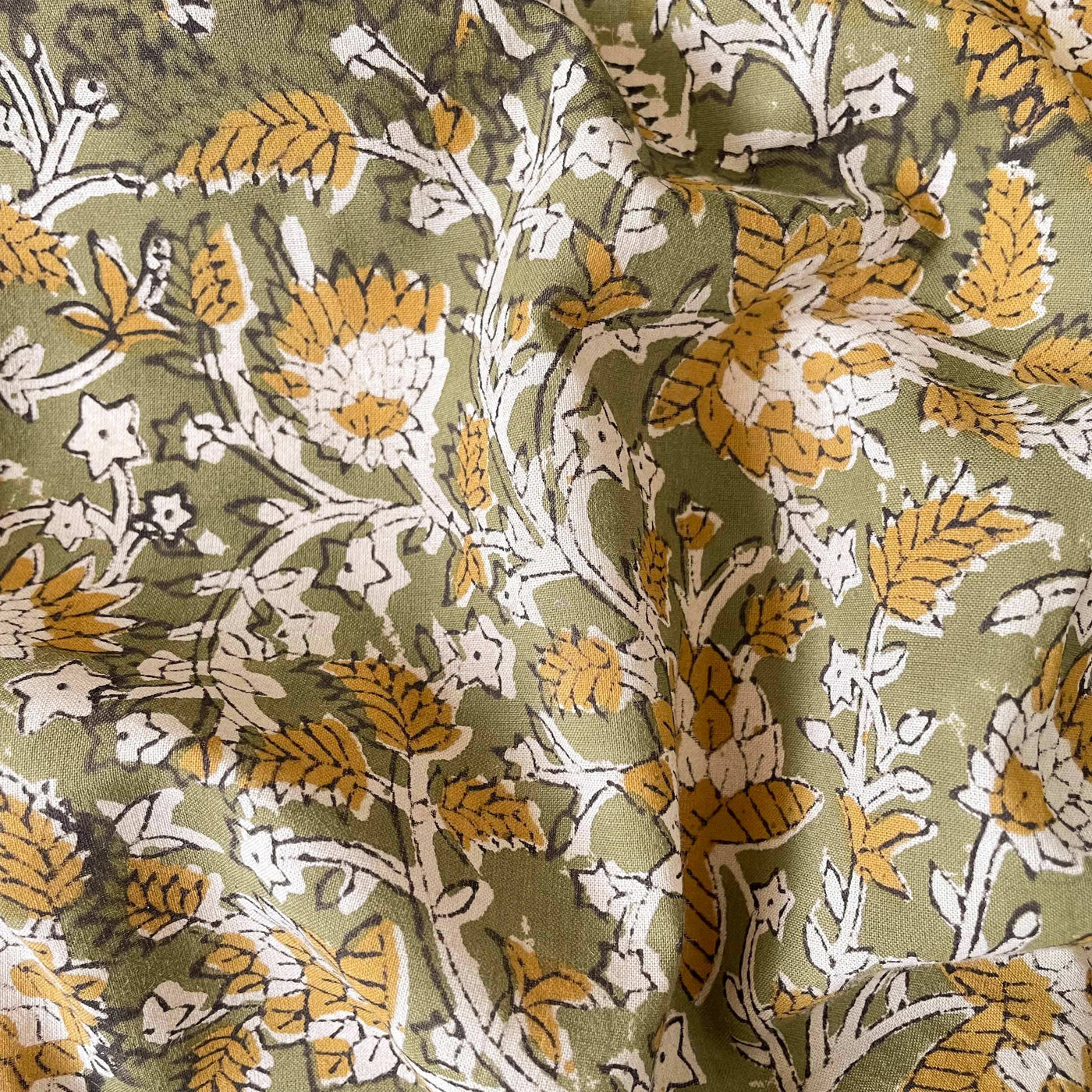 Hand Block Printed Cotton Fabric Fabric Olive Green & Mustard Abstract Floral Ajrakh Natural Dyed Hand Block Printed Pure Cotton Fabric (Width 42 Inches)