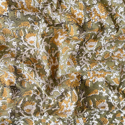 Hand Block Printed Cotton Fabric Fabric Olive Green & Mustard Abstract Floral Ajrakh Natural Dyed Hand Block Printed Pure Cotton Fabric (Width 42 Inches)