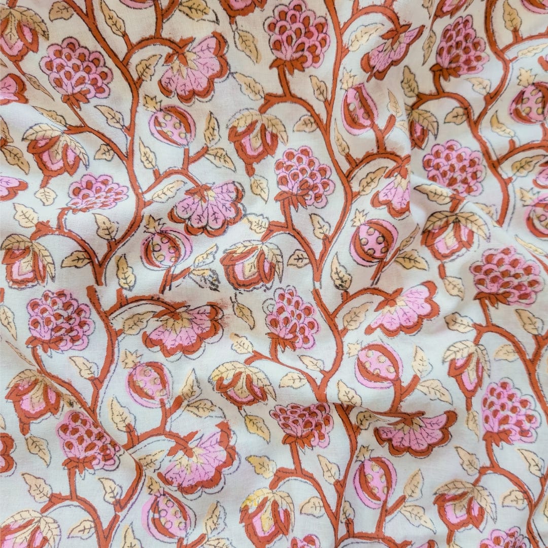 Hand Block Printed Cotton Fabric Fabric Pink & Brown Abstract Floral Veins | Hand Block Printed Pure Cotton Fabric