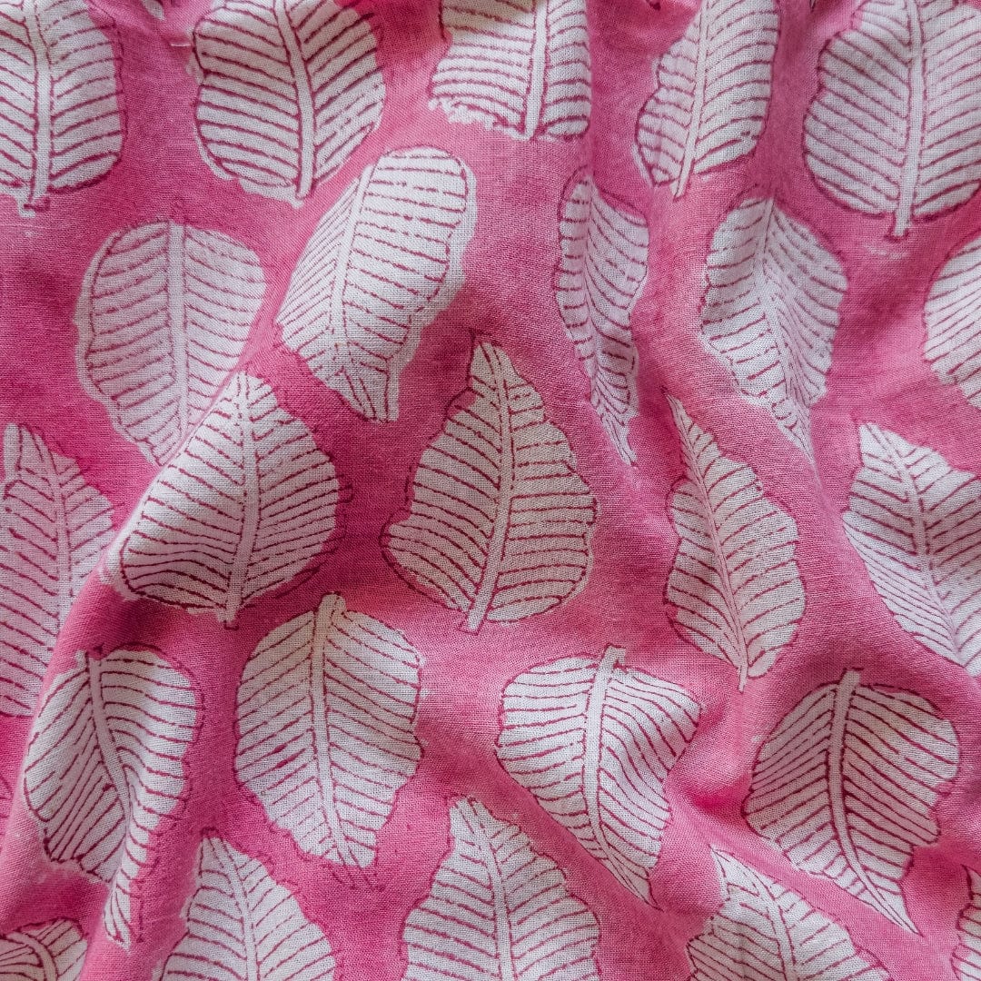 Hand Block Printed Cotton Fabric Fabric Pink & White Autumn Leaf | Hand Block Printed Pure Cotton Fabric