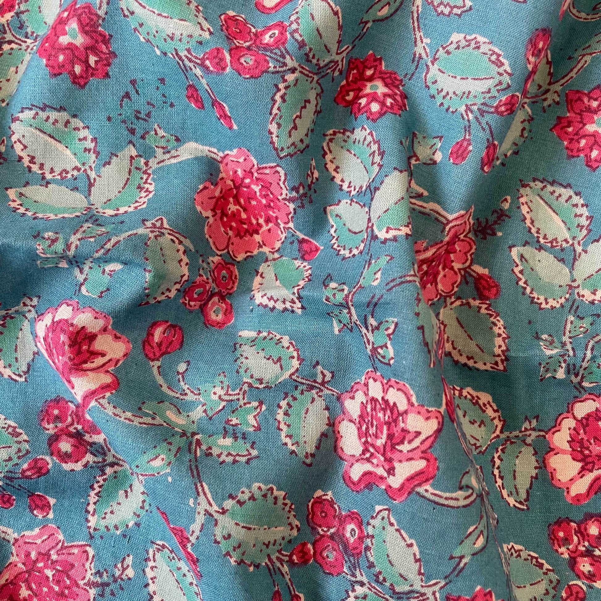 Hand Block Printed Cotton Fabric Fabric Teal Blue & Pink Fresh BloomsHand Block Printed Pure Cotton Fabric (Width 42 Inches)