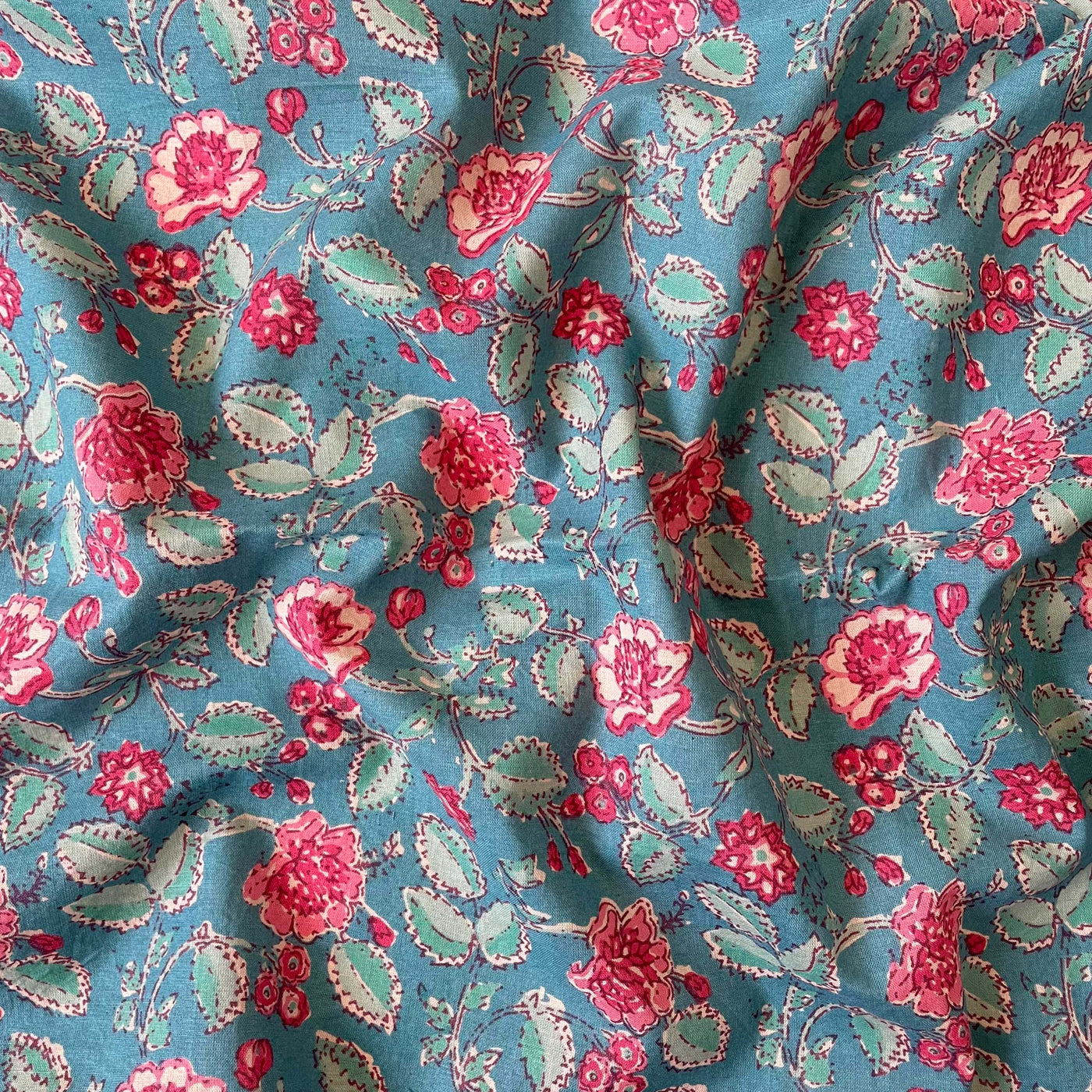 Hand Block Printed Cotton Fabric Fabric Teal Blue & Pink Fresh BloomsHand Block Printed Pure Cotton Fabric (Width 42 Inches)