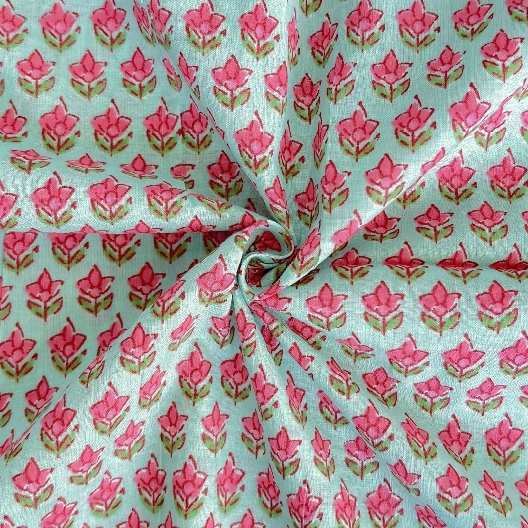 Hand Block Printed Cotton Fabric Fabric Turquoise & Peach Mini Lotus Hand Block Printed Pure Cotton Fabric (Width 42 Inches)