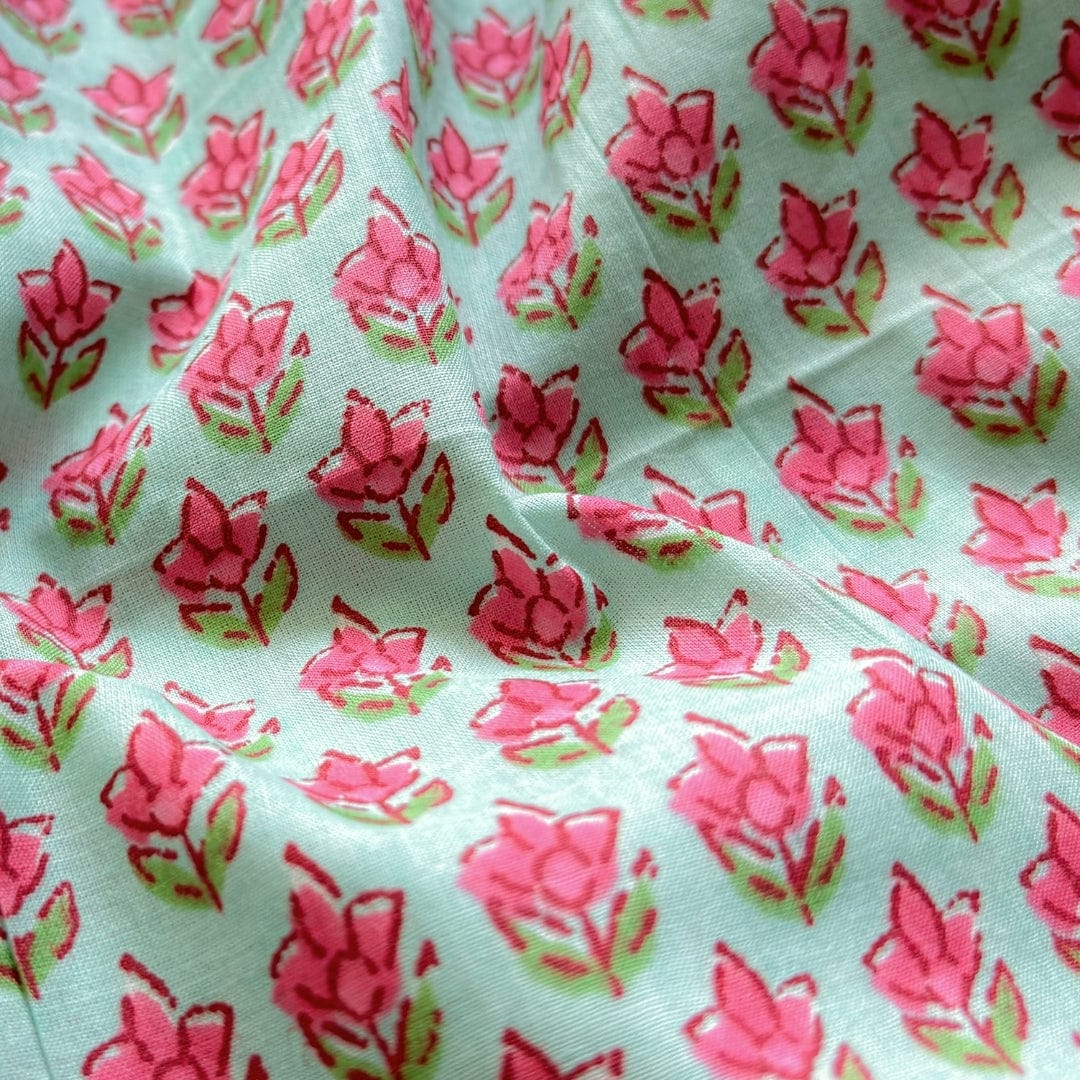 Hand Block Printed Cotton Fabric Fabric Turquoise & Peach Mini Lotus Hand Block Printed Pure Cotton Fabric (Width 42 Inches)